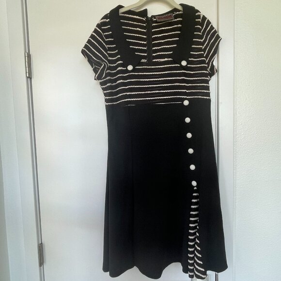 Voodoo Vixen Sailor Dress, Black and White Midi with Button Accents, Stripes, XL - Picture 1 of 8